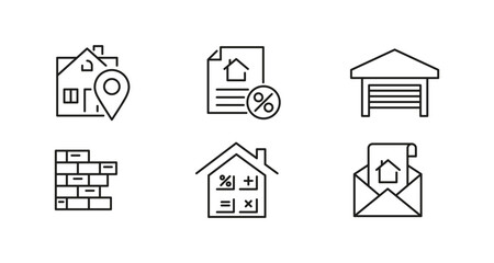 Fototapeta premium Real estate icons: linear design of homes, documents, and buildings