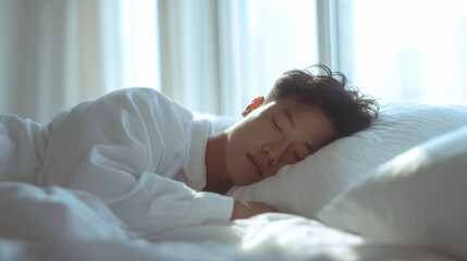 朝に部屋のベッドで若い男性が寝ている寝顔の写真