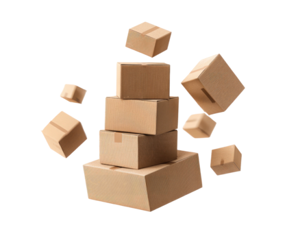 Stack of brown cardboard boxes, some falling, against a transparent background