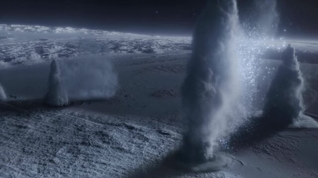 he camera floats near Neptune&rsquo;s moon Triton. Geysers of frozen nitrogen erupt into the thin atmosphere, scattering ice crystals that glisten in sunlight