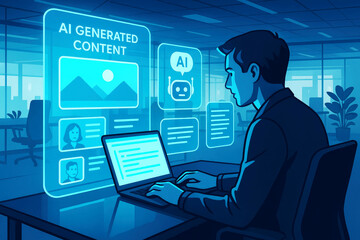 Man working on laptop with AI generated content interface on holographic screen computer technology