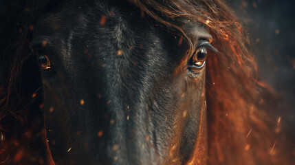 Close-up photo of the front face of a black horse