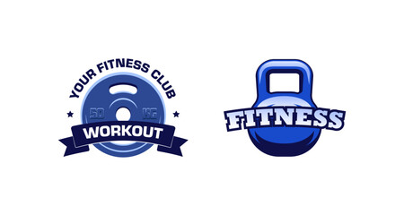 Fitness club emblem designs featuring dumbbell and kettlebell icons