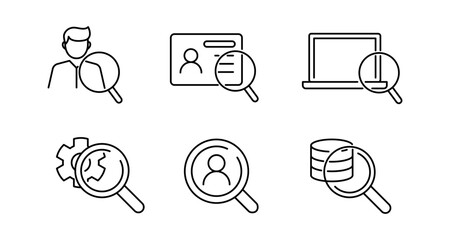 Line art icons of magnifying glass with user, id card, laptop, gear, database