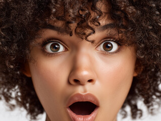 Close-up photo of a woman's face, looking startled and surprised