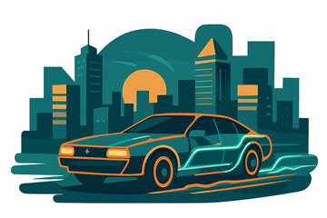 Neon futuristic cityscape with retro car and glowing skyline