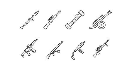 Linear military weaponry lineup featuring rpg, rifle, and mortar designs