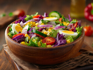 A photo of colorful salad bowls arranged on a stylish wooden platter