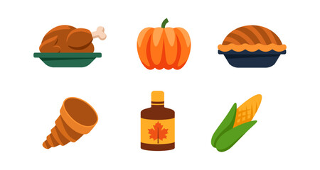 Colorful thanksgiving icons: turkey, pumpkin, pie, cornucopia, maple syrup, corn