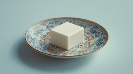 A simple photo of a single piece of tofu on a plate