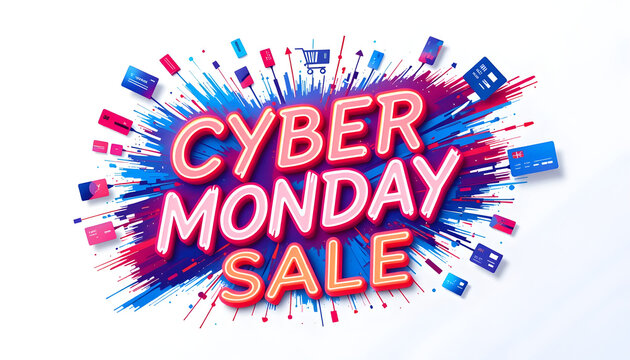 Cyber Monday Sale Neon Text with Paint Splash and Credit Cards