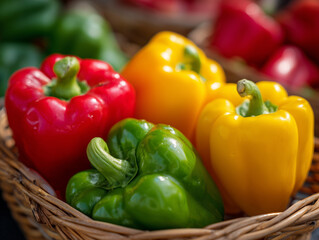 Photo of bell peppers, red bell peppers, and yellow bell peppers in a colander