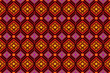 Bright geometric pixel art seamless pattern in warm orange and red tones with tribal inspiration, ideal for ethnic textiles, digital backgrounds, and bohemian home decor.
