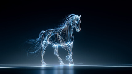 A mystical horse crafted from threads of blue light