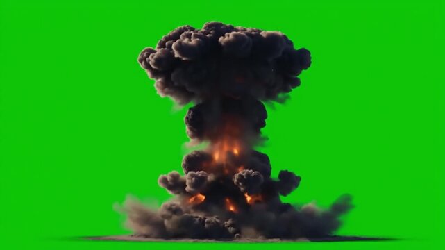 Nuclear atomic bomb explosion VFX with smoke, fire and mushroom cloud, isolated on green screen chroma key background