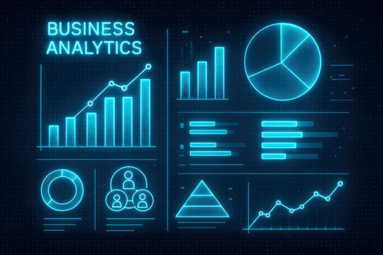 Neon blue business analytics dashboard with charts graphs and icons on dark background