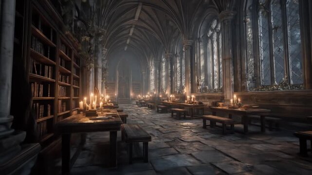 Candlelit study hall with bookshelves, stone floors, arched windows, and gothic architecture