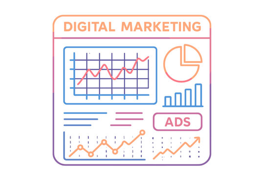 Neon digital marketing dashboard with graphs and chart elements