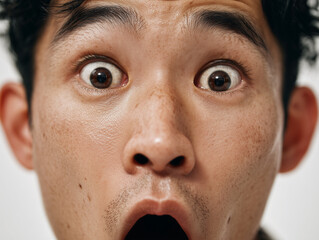 Close-up photo of a man's face, looking startled and surprised