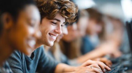 Group of students focused on computer work in a collaborative learning environment