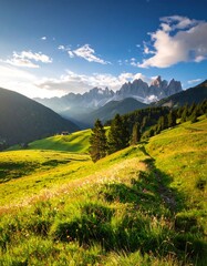 Alpine meadow at sunset, with a small cabin nestled in the valley. Sunlight bathes the rolling hills and peaks