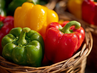 Photo of bell peppers, red bell peppers, and yellow bell peppers in a colander