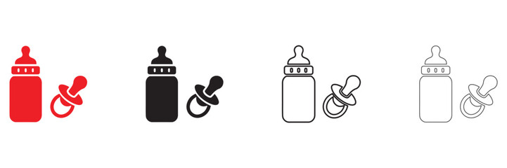 baby milk bottle and pacifier vector icon, feeding bottle with pacifier vector, silhouette and line art