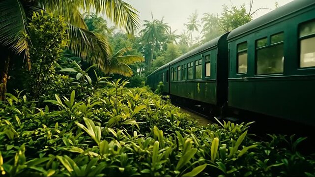 A green train traveling through a lush green forest