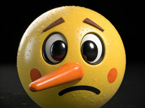 Sad Pinocchio emoji with long nose, red cheeks, and concerned expression on dark background