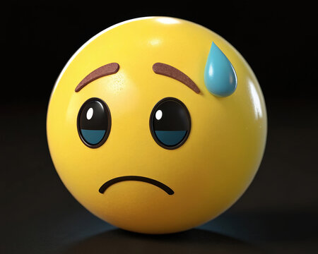 Sad worried emoji face with sweat drop, yellow 3D emoticon with stressed expression, isolated on dark background - Powered by Adobe