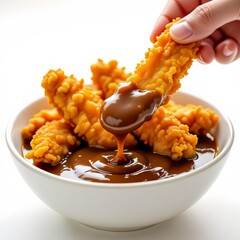 crispy chicken nuggets dipped in gravy