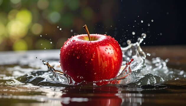 Red apple splashing in water