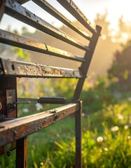 Rusted metal grill rack in a garden at sunrise.  Close-up of  metal slats,  with water droplets, and a handle.  Blurred background of  garden greenery and a soft sunrise glow