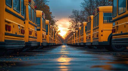 Buses awaiting departure at sunset school bus depot photography urban environment low angle transportation concept