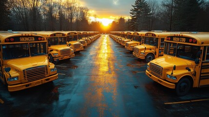 Obraz premium Sunset over school buses parking lot photography urban environment aerial view transportation concept