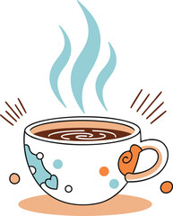 A stylish illustration of a steaming cup of hot chocolate in a decorative mug, surrounded by warm and playful accent marks, perfect for cozy beverage themes and cafe design
