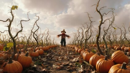 A scarecrow stands in a pumpkin patch under a cloudy sky, with rows of pumpkins