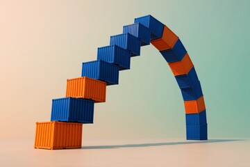 Colorful industrial containers creatively compose an elegant arched sculpture, symbolizing dynamic global logistics and interconnected supply chain solutions