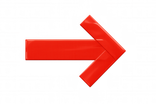 Red glossy 3d arrow pointing right, indicating direction, next, forward, or success with transparent background