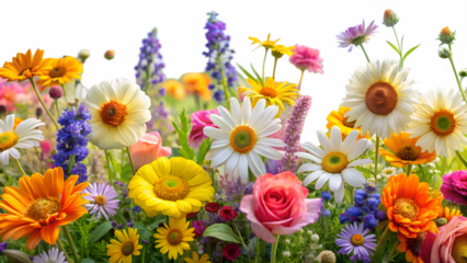 A colorful array of wildflowers isolated on transparent background, featuring daisies, roses, and other blossoms in full bloom, creating a vibrant floral display