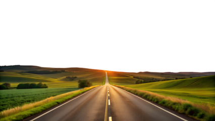 A long, winding road stretches towards the horizon, bathed in the warm glow of the setting sun isolated on transparent background, promising adventure and discovery