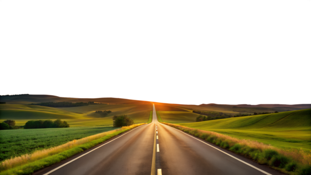 A long, winding road stretches towards the horizon, bathed in the warm glow of the setting sun isolated on transparent background, promising adventure and discovery