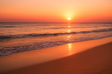 Calm sunset over gentle waves and glowing shoreline; peaceful golden beach evening. generative AI
