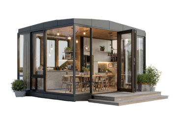 Modern modular home with glass walls, open doors, interior view of kitchen, and dining area