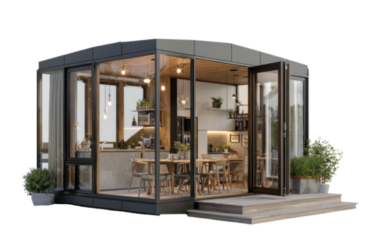 Modern modular home with glass walls, open doors, interior view of kitchen, and dining area