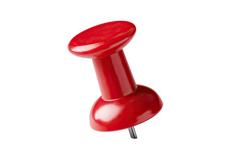 A close-up shot of a shiny red thumbtack with a metallic pin, isolated against a black backdrop