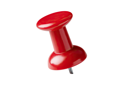 A close-up shot of a shiny red thumbtack with a metallic pin, isolated against a black backdrop
