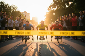 Wheelchair athletes two men and a woman break a yellow finish tape at sunset as cheering spectators applaud, celebrating determination, teamwork and victory in sport
