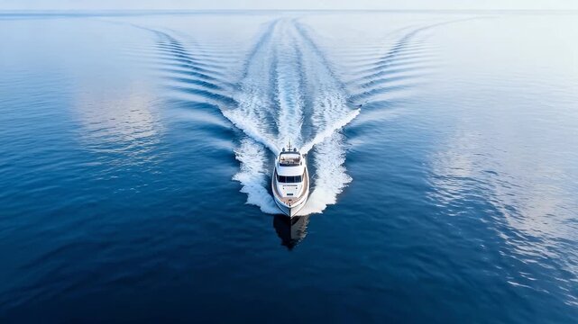 A luxury yacht speeding through calm blue waters, leaving a wake behind.