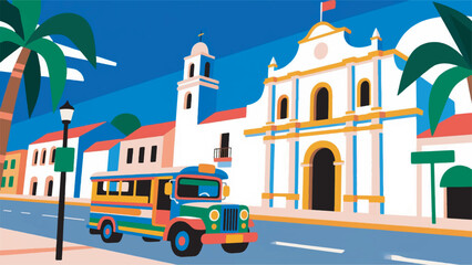 Naklejka premium Illustration Of Intramuros With Spanish Colonial Architecture And Colorful Jeepneys On The Street Vector Design Template